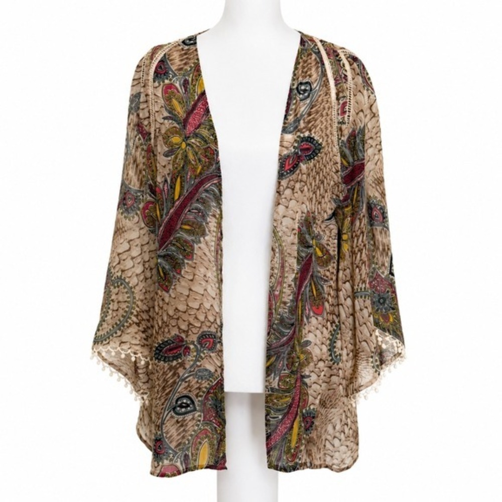 Primrose Paisley Print Kimono Cardigan Pom Pom Trim Tan Red ML C7403